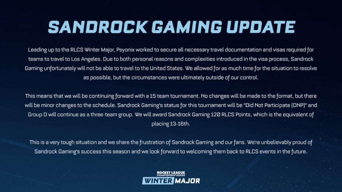 Sandrock Gaming не выступит на Rocket League Championship Series 2021-22 - Winter Split Major